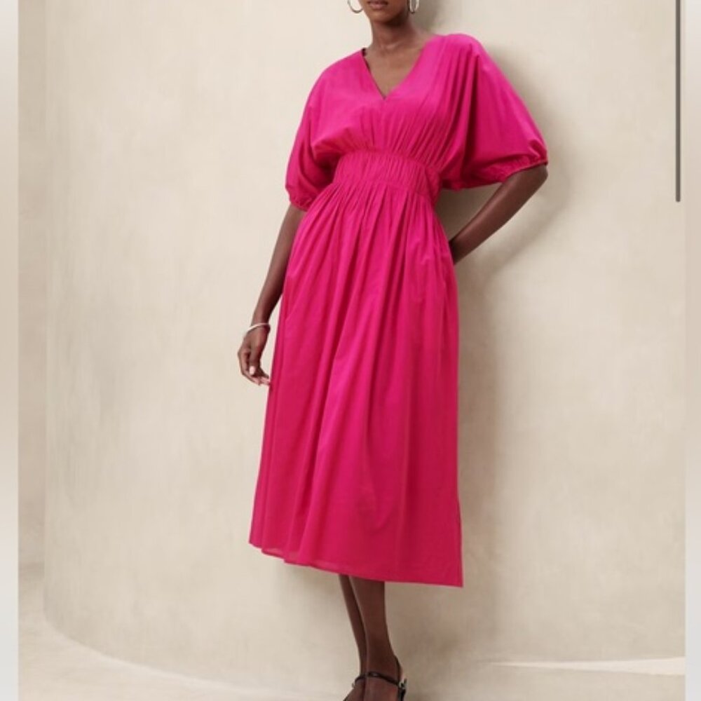 NWT Banana Republic Flowy Hot Pink Cotton Voile Blouson Fit-n-Flare Midi Dress S